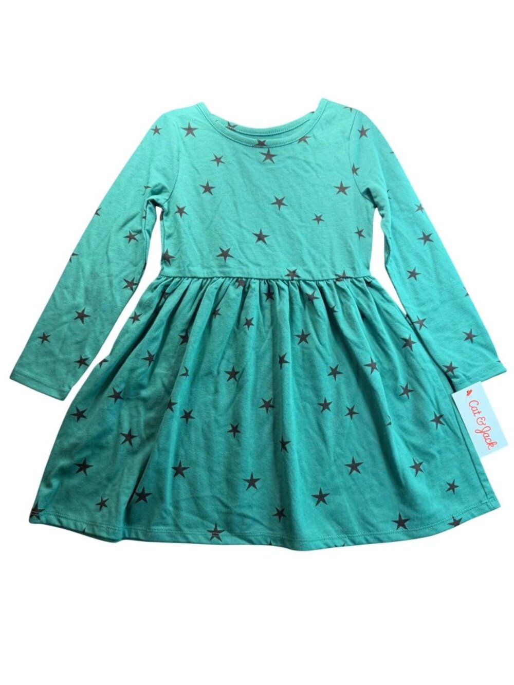Cat & Jack Dress Toddler 4T Green Black Star Long Sleeve Jersey Skater Whimsical